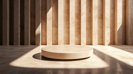 Poster - A round pedestal is in the center of a room with a tan wall