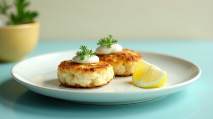 Wall Mural - Delicious Crispy Fried Fish Cakes with Creamy Topping and Lemon Garnish on a Plate