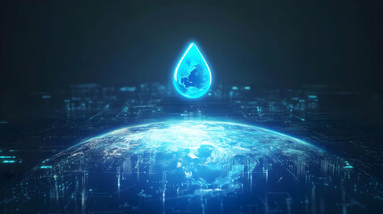 Poster - a glowing blue raindrop icon floating above a digital earth hologram