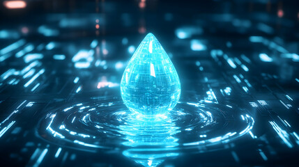 Poster - a glowing blue water droplet floating in a futuristic digital environment