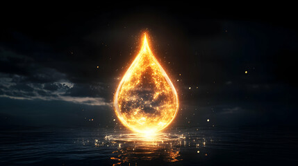 Wall Mural - a glowing water drop symbolizing life, purity and sustainability against a dark sky