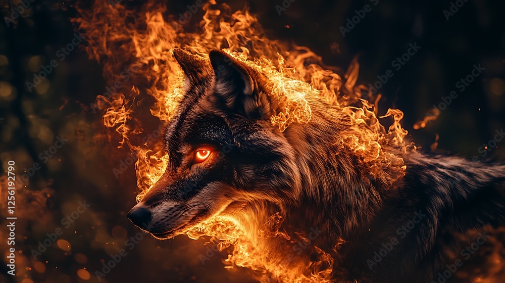 Fiery wolf with glowing red eyes engulfed in flames against a dark ...