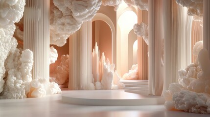 Poster - A white room with a lot of clouds and pillars