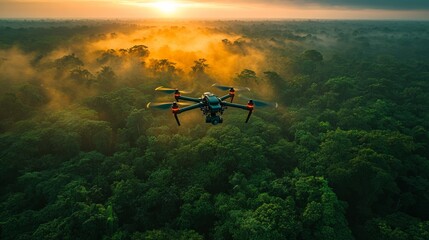 Poster - Aerial Exploration: Drone Flight Over Lush Rainforest Canopy at Sunset, Capturing the Mystical Beauty of Nature's Green Expanse and Golden Light.