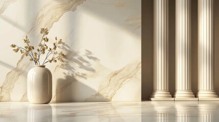 Poster - A white vase with flowers sits on a marble floor in front of a white wall
