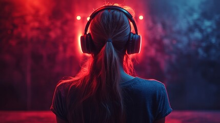 Aufkleber - A Woman Immersed: Back View of Girl with Headphones in a Vibrant, Colorful, and Moody Setting, Lit with Red and Blue Neon Lights, Embracing an Audiovisual Experience
