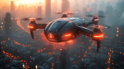 Aufkleber - Drone Flight Over Futuristic Metropolis at Sunset: Aerial View of Tech Drone Amidst Cityscape with Glowing Lights
