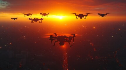 Poster - Drones Ascend at Sunset: A Fleet of UAVs Navigating Above a Glowing Cityscape in a Dramatic and Fiery Sky, Capturing the Essence of Modern Surveillance