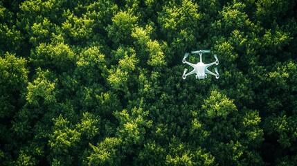 Poster - Drone's Eye View: A White Drone Navigating Above a Lush Green Forest Canopy, Capturing the Beauty of Nature from an Aerial Perspective
