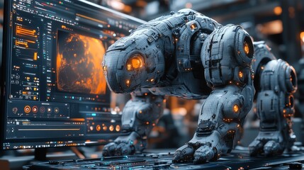 Leinwandbilder - Futuristic Robotic Creature Inspecting Complex Data Displays, High-Tech Interface Visualization, Advanced AI Analysis and Cybernetic Animalistic Design
