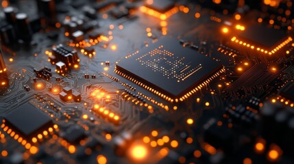 Leinwandbilder - Illuminated Circuits: A Close-Up View of Modern Electronic Components and Their Complex Interconnections, Glowing Orange Light Accentuating the Intricate Design
