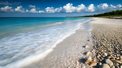Wall Mural - a pristine beach shoreline with gentle waves washing over smooth pebbles