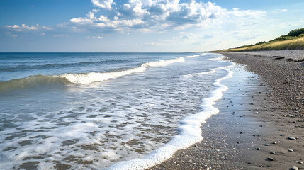Wall Mural - a pristine beach shoreline with gentle waves washing over smooth pebbles