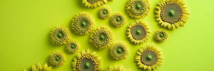 Poster - Sunflower heads arranged in a spiral on a bright lime green background for creative displays