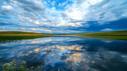 Wall Mural - a still lake reflecting a dramatic cloudy sky, showcasing the beauty of untouched waters