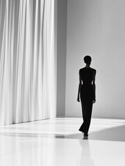 Poster - Monochromatic runway with clean lines and soft lighting showcases a model in minimalist design during a fashion presentation. Generative AI