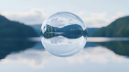 Wall Mural - a transparent water bubble floating mid-air, casting a perfect reflection of nature