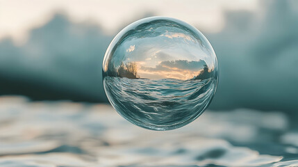 Wall Mural - a transparent water bubble floating mid-air, casting a perfect reflection of nature