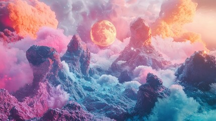 Poster - Surreal Mountain Landscape with Dreamy Clouds and Glowing Moon