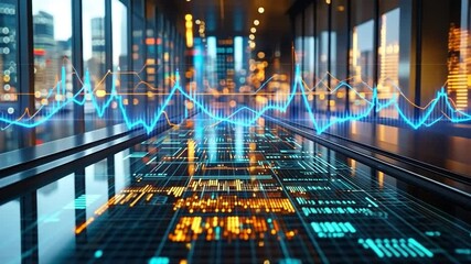 Fototapete - Digital Pulse of the City: A captivating abstract composition of blue data lines pulse through a cityscape, illuminating the modern skyline with digital energy.