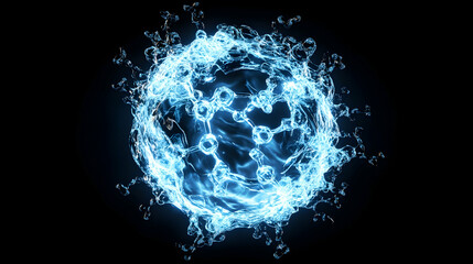 Poster - a water molecule structure glowing with an electric blue aura
