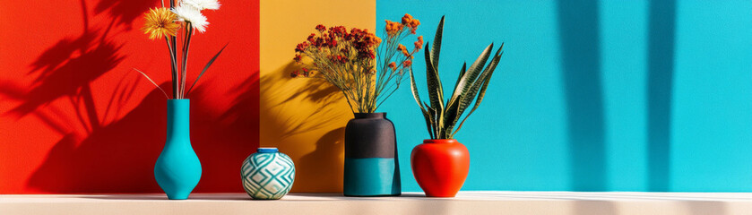 Poster - Stylized floral arrangement featuring bold geometric shapes and vibrant colors for creative design