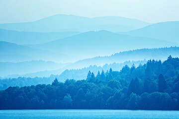 serene blue mountain lake, hazy forest, calming nature scene, idyllic travel backdrop