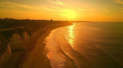 Wall Mural - scenic view of a beach during sunset with vibrant orange and golden hues over the calm ocean waters
