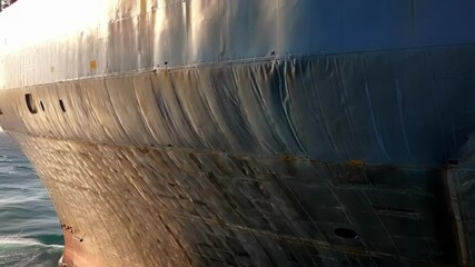 Poster - golden hour sunlight casting warm reflections across cargo ship's metallic bow, gliding over deep bl