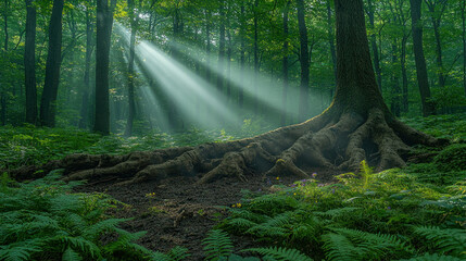 Wall Mural - Sunbeams illuminate misty forest floor and large tree roots