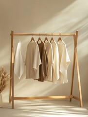 Aufkleber - Minimalist clothing rack featuring neatly arranged light colored garments in a serene indoor setting. Generative AI