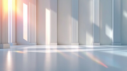 Poster - A large, empty room with white pillars and a sun shining through the windows