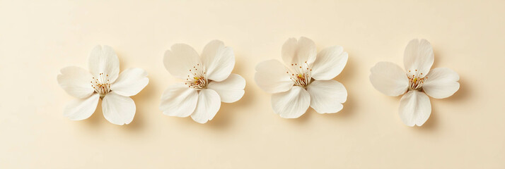 Poster - Three delicate sakura petals arranged in a diagonal line on a soothing beige backdrop