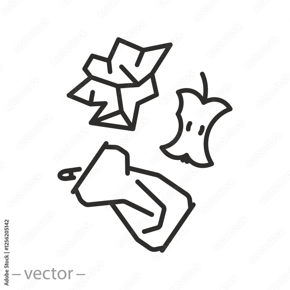 garbage icon, household waste, can, apple core, crumpled paper, thin ...