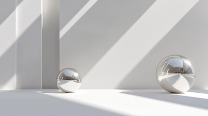 Poster - Two shiny silver spheres sit on a white wall, reflecting the sunlight