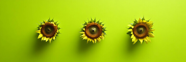 Poster - Three sunflower heads arranged in a triangle on a bright green background for a vibrant display
