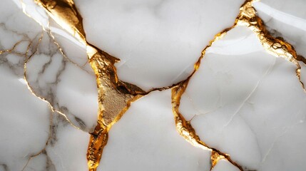 Poster - A white marble with gold trim is cracked and broken