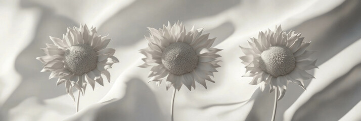 Poster - Three sunflower heads swaying gracefully against a light silver background for a fresh feel