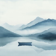 Poster - Serene watercolor landscape featuring a single rowboat on a peaceful mountain lake surrounded by misty peaks. Generative AI