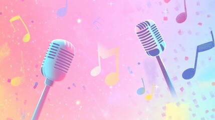 Fototapete - Colorful minimalist K pop inspired background featuring microphones and music notes in a vibrant atmosphere. Generative AI