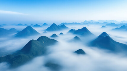 Poster - Air Pollution, High-angle shot of mountains covered in thick haze, showcasing nature's beauty in a high-fidelity image, ideal for stock photography.