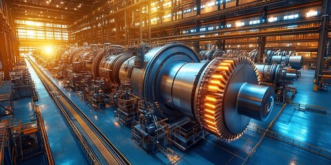 Poster - Industrial machinery operates efficiently in a large factory during sunset, showcasing modern engineering
