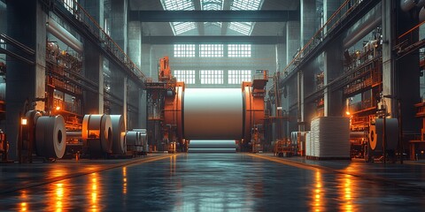 Poster - Large rolls of paper being processed in a modern industrial facility with bright lighting and machinery in use