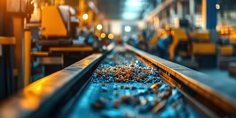 Poster - Conveyor belt transporting materials in a factory during evening hours with warm lighting illuminating the workspace