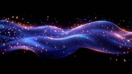 Poster - Abstract Glowing Particle Wave: A mesmerizing display of blue and orange luminous particles flowing dynamically against a stark black backdrop, creating an ethereal wave.