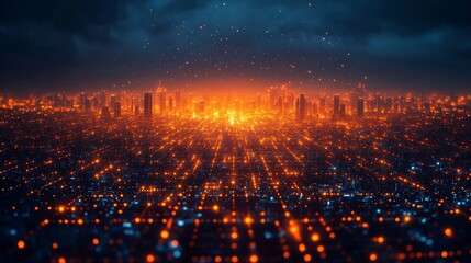 Poster - Cityscape at Night: A Glowing Metropolis Under a Dark Sky, Illuminated by Countless Lights, Creating a Stunning and Futuristic Urban Landscape.