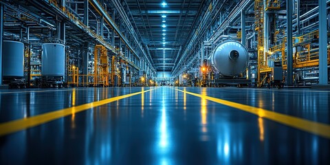 Poster - Industrial facility with bright lights and machinery during the night