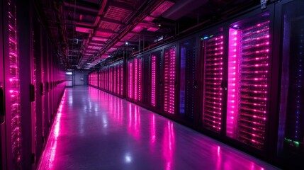 Leinwandbilder - Data Center Hallway: Rows of Servers and Network Equipment Glowing with Pink and Purple Lights, Reflecting on the Floor in a Modern Technological Setting