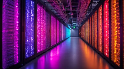 Poster - Illuminated Data Center: Rows of Servers Glowing in Vibrant Purple, Pink, Teal, and Orange Hues with Cables Overhead and Reflective Floor