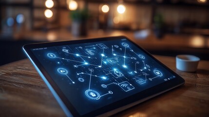 Leinwandbilder - Tablet Displaying Network Connections and Icons, Representing Technology, Connectivity, and Digital Solutions, Modern Digital Lifestyle, with a Cozy Ambience.